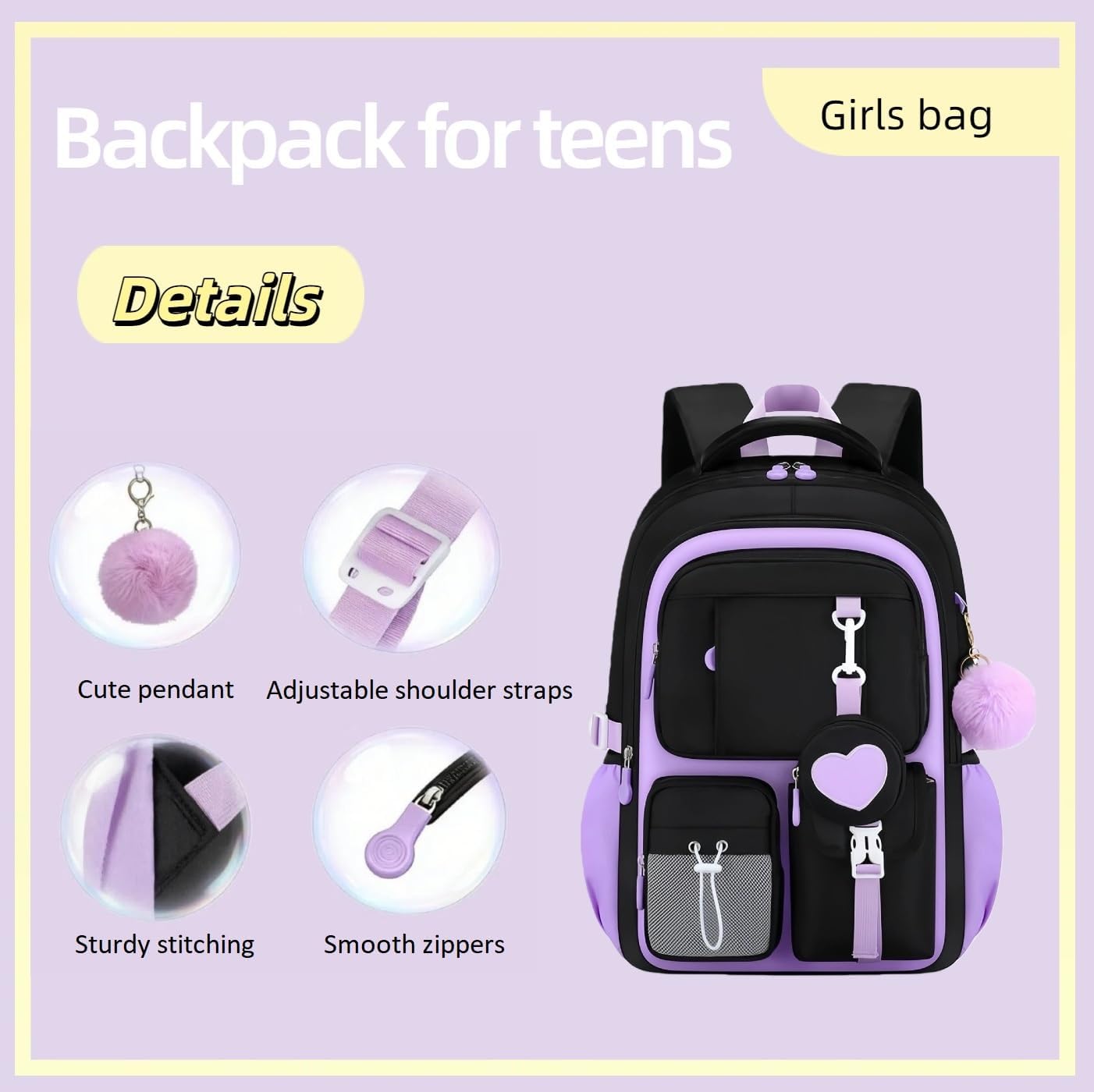 3Pcs Black Pink Backpack for Girls with Lunch Box Kids School Bag with Heart Coin Purse Bookbag for Elementary Middle School