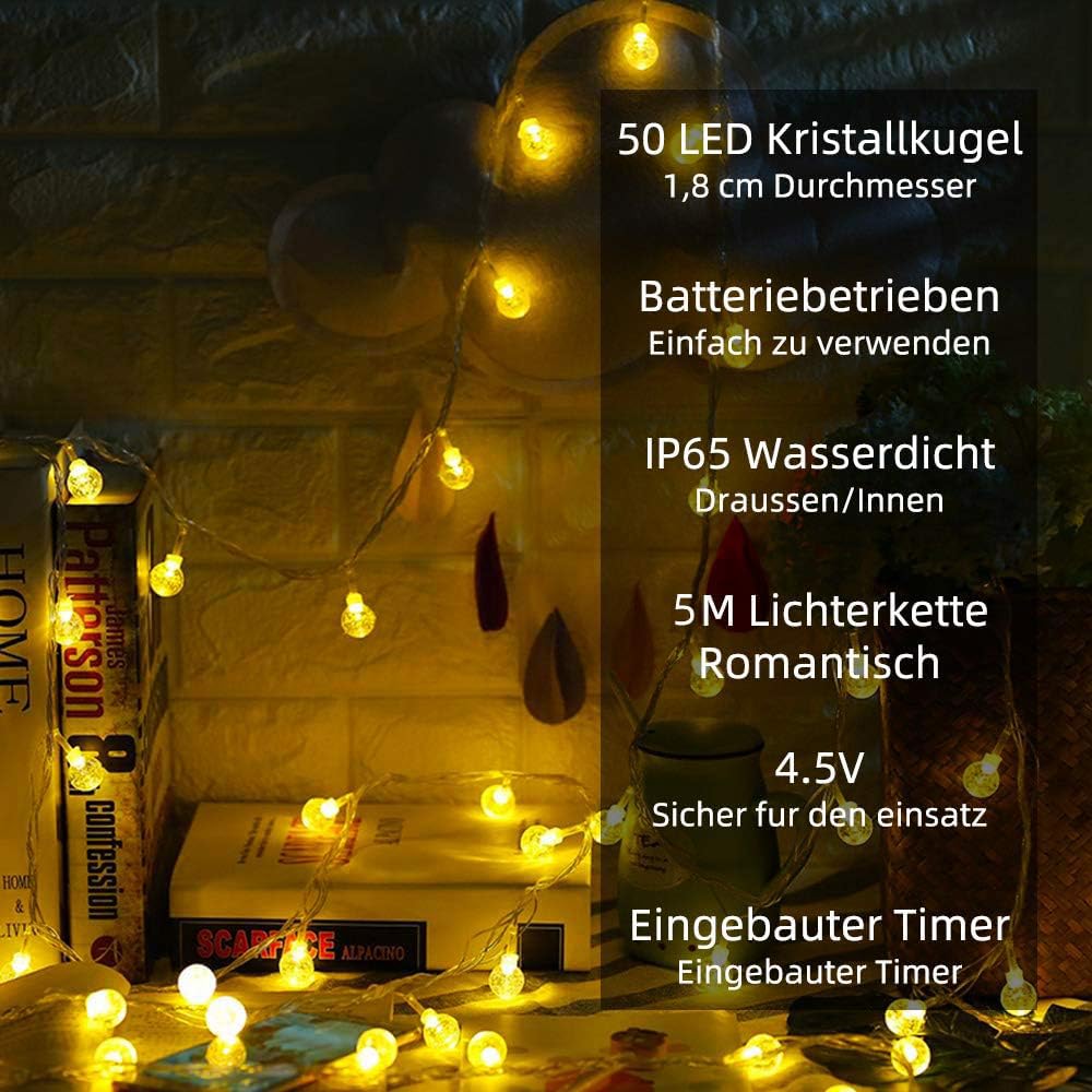 KARSUM Lichterkette Batteriebetrieben - 5m, 50 LEDs, IP65 Wasserdicht Mit Fernbedienung