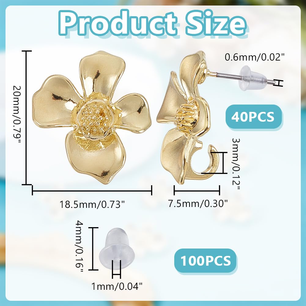 40 orecchini a forma di fiore con 100 tappi per le orecchie in acciaio inox placcato oro, eleganti orecchini a fiore per la creazione di orecchini da donna fai da te