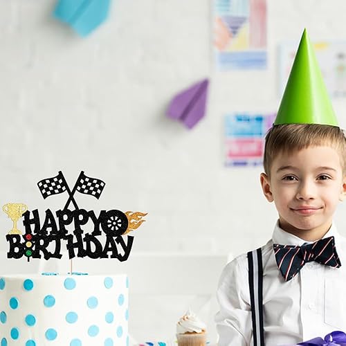 Vista 3 de Decoración de pastel de coche para decoración de tartas para coches de carreras, bandera a cuadros para niños y niñas, suministros de fiesta