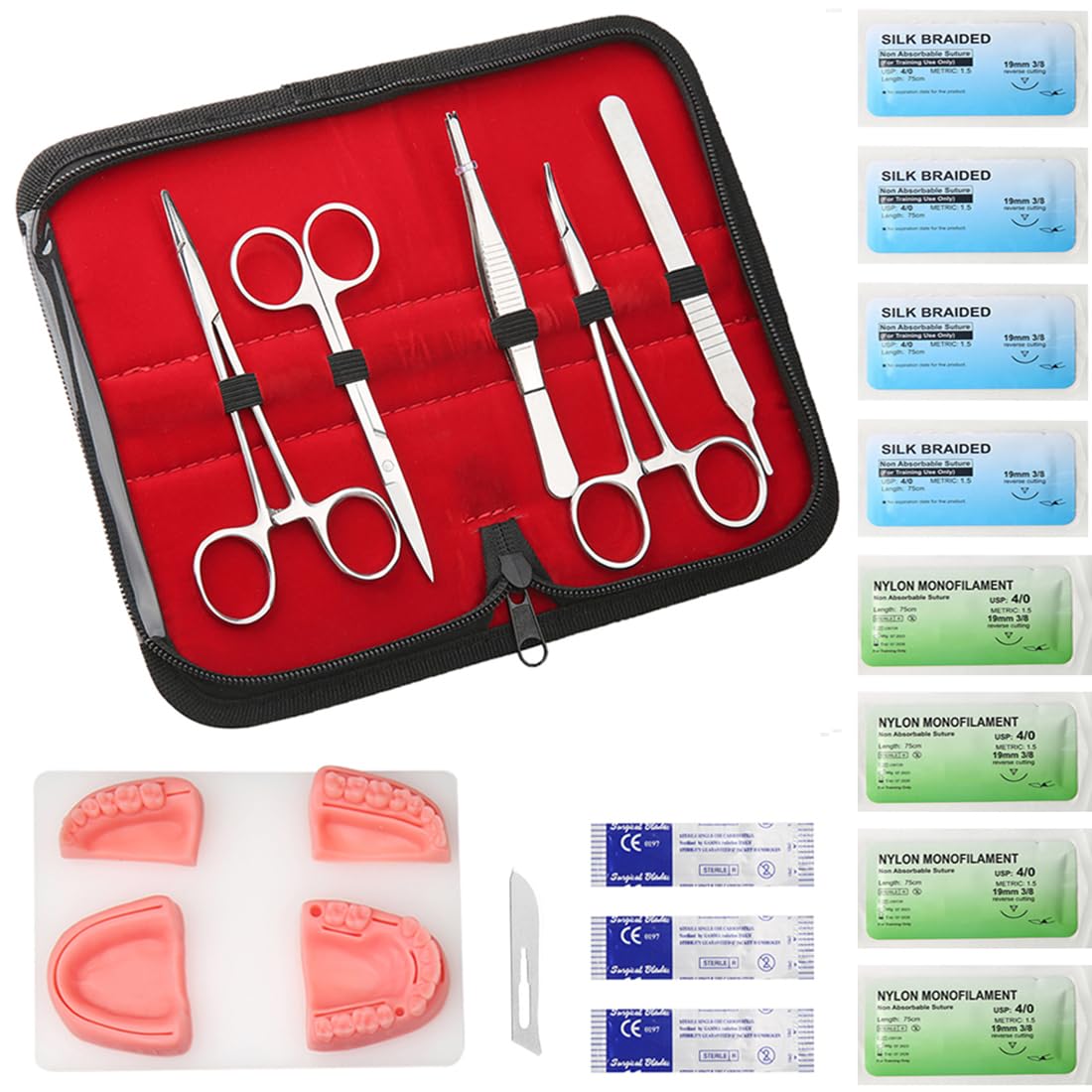 Dental Suture Practice Kit Suture Training 18 Pcs Set Including 4 Different Soft Silicone Suture Pads for Dentist Practice