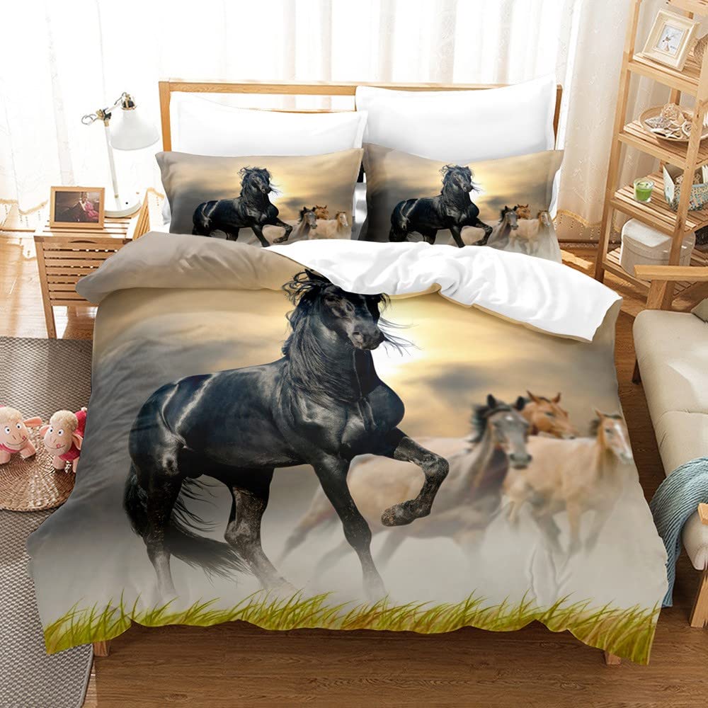 Pokrowiec Nordica Łóżko 150 - 220x240 cm Koń Zwierząt Czarny, Miękkie Mikrofibra Pokrowce na kołdrę Zestaw pościeli z zamkiem błyskawicznym + 2 poszewki na poduszki 50x75 cm