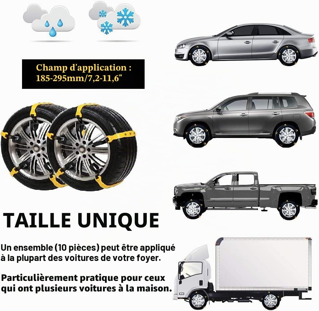 Queta Lot de 5 chaînes à neige antidérapantes pour pneus de voiture - Ajustement universel - Antidérapantes - Pour traction d'urgence de 185 mm à 295 mm