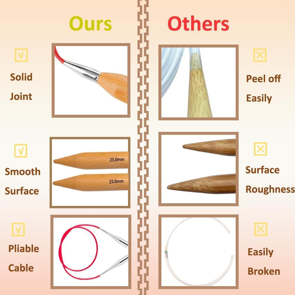 Yarniss Jumbo Circular Knitting Needles with Cable 39”, Beech Wood Round Knitting Needle 25.0mm