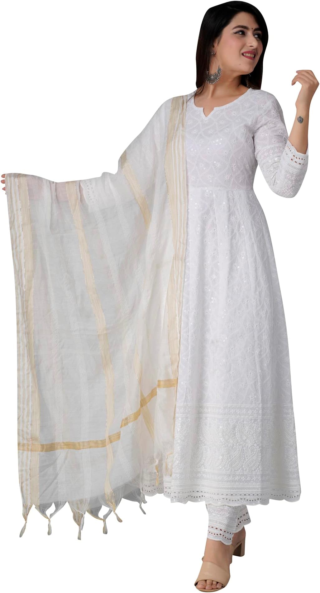 Chikankari Cotton Anarkali Indian Kurti for Women Summer Dress Kurta Pant with Dupatta Set Pakistani Kurta