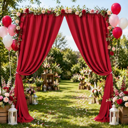 Image of SoarDream Wine Red Polyester Backdrop Curtains 5ft x 10ft 2 Panels Wrinkle-Free Photography Drapes for Wedding Arch Photo Booth Party Event Background Decoration