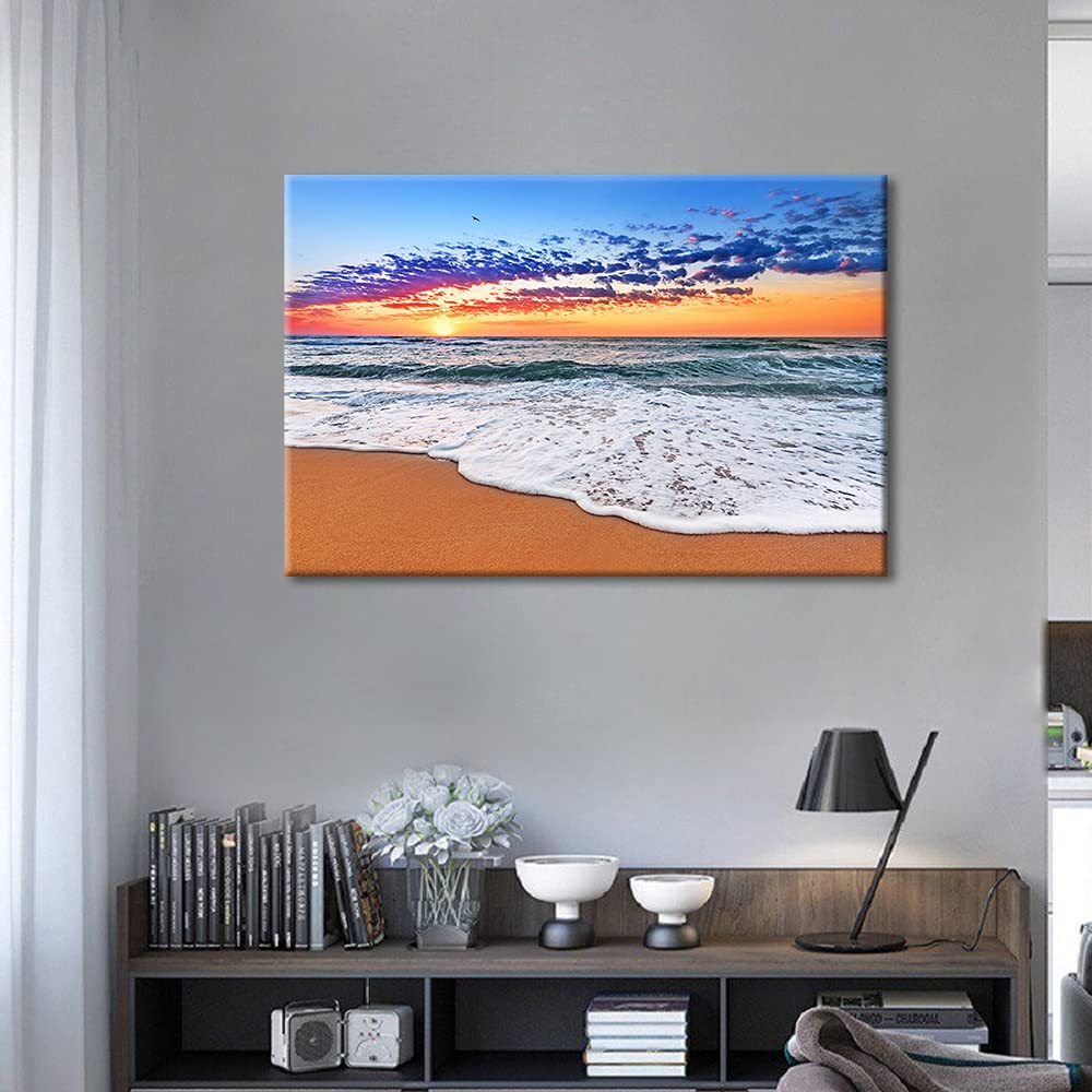 TISHIRON Wall Art Decor Dusk Sunset Poster Artworks Sandy Beach Pictures Painting On Canvas Wooden Frame Modern Seascape Home Office Decor(24X16in) - Image 4