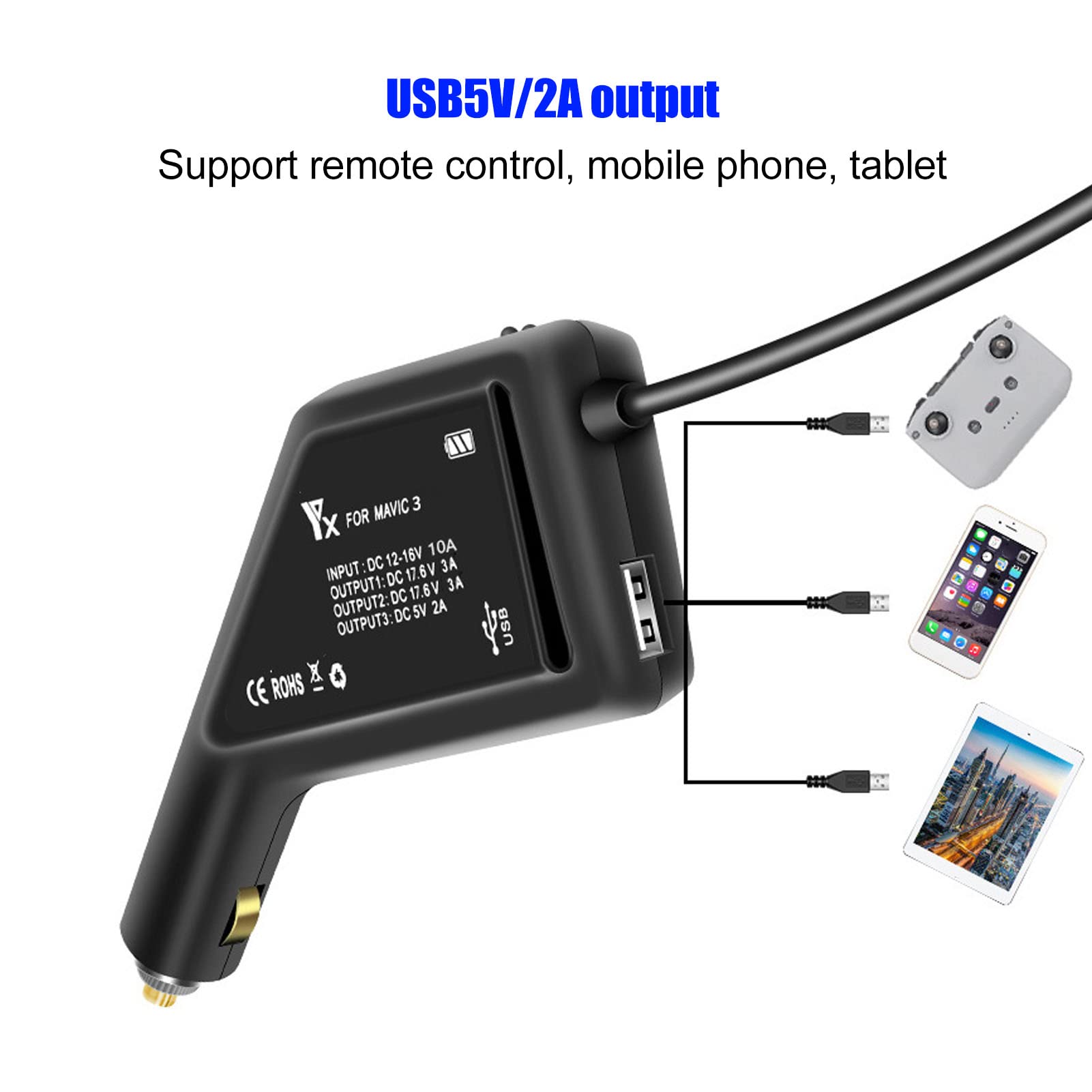 Caricabatteria per Auto a Batteria 3 in 1 Caricabatteria per Auto a Ricarica Rapida a Doppia Uscita per Drone Mavic 3 RC