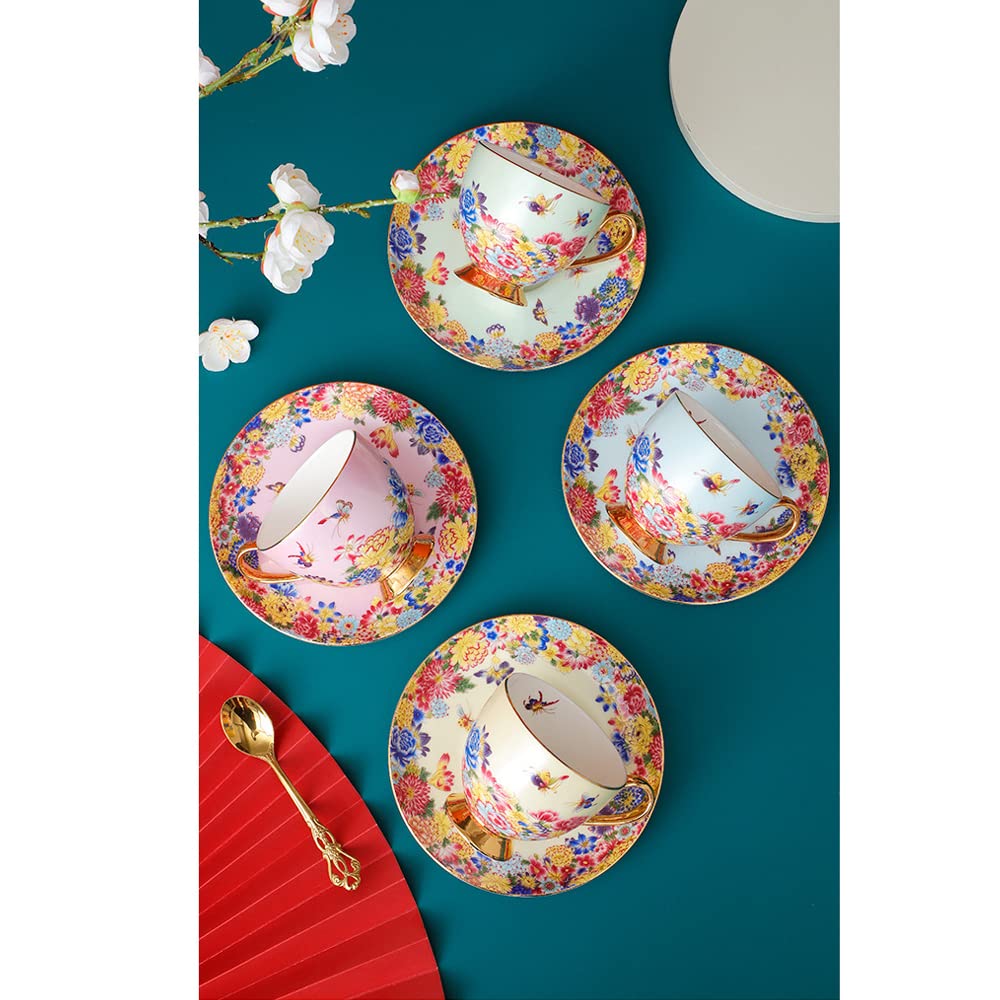 Fanquare Fleurs vertes Tasses à thé et soucoupes Ensembles de 6 Bone
