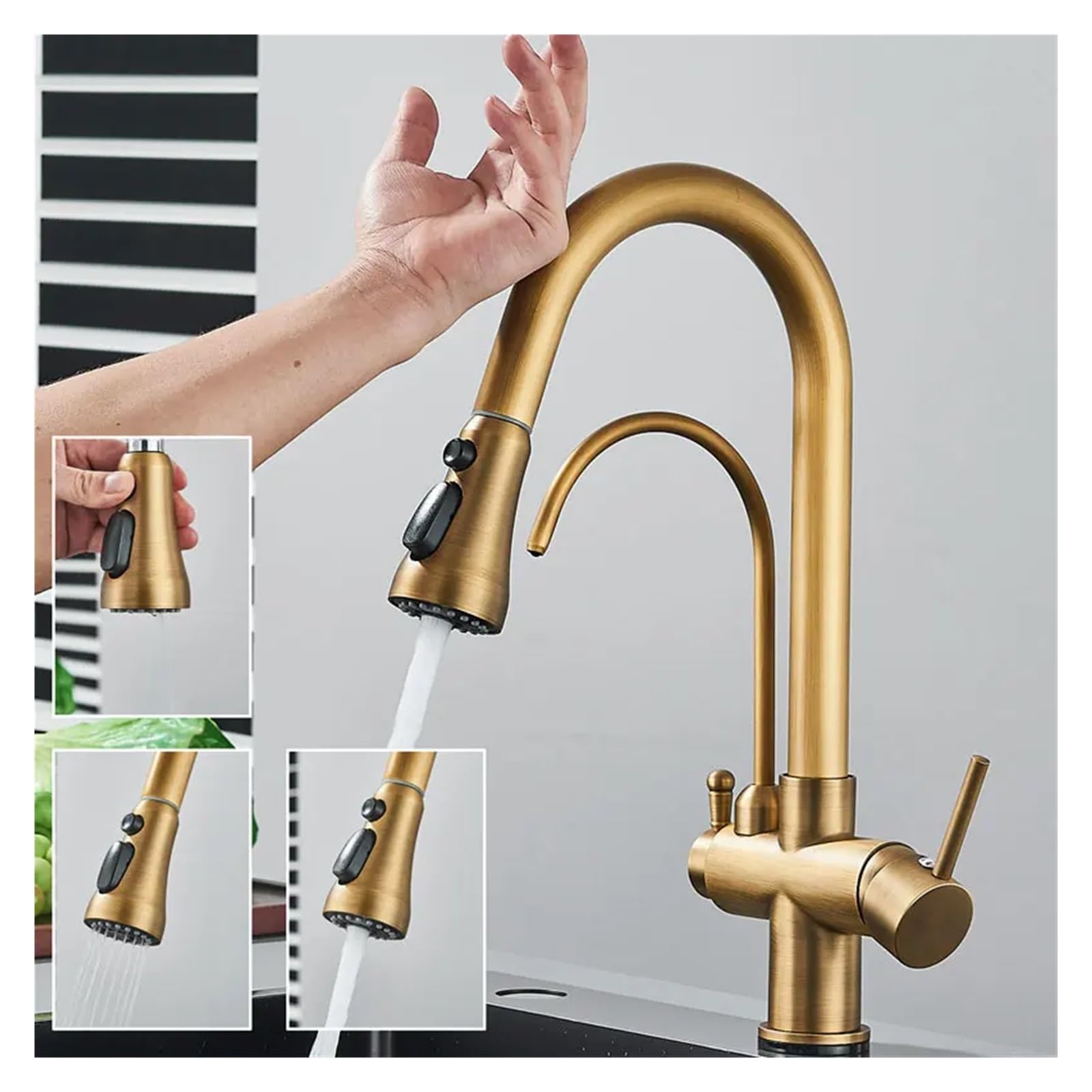 Robinet de cuisine tactile avec filtre à eau et douchette extractible polyvalente