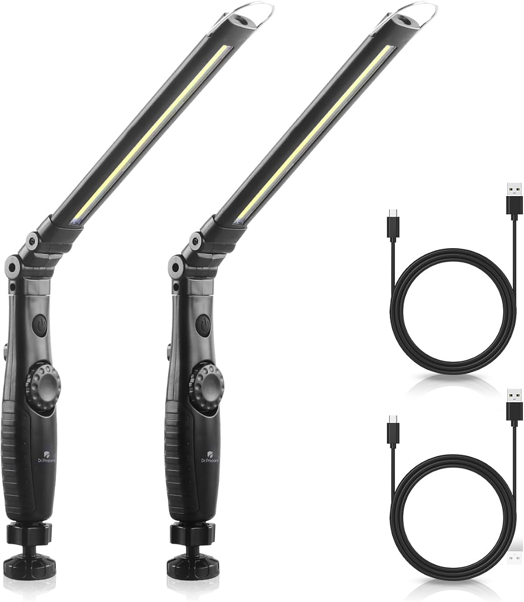 Dr. Prepare Luz de trabajo LED, 700 lúmenes, luz de trabajo recargable plegable, 3200 mAh, luz de inspección LED COB magnética portátil inalámbrica para reparación de automóviles, hogar, garaje, emergencia, paquete de 2