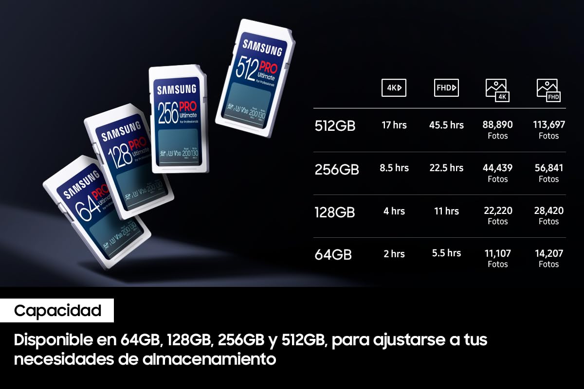 Samsung PRO Ultimate Tarjeta de Memoria SD, 256 GB, Lectura 200 MB/s, Escritura 130 MB/s, UHS-I, C10, U3, V30, 4K UHD, Para Smartphone, Dron o Cámara de Acción (MB-SY256S)