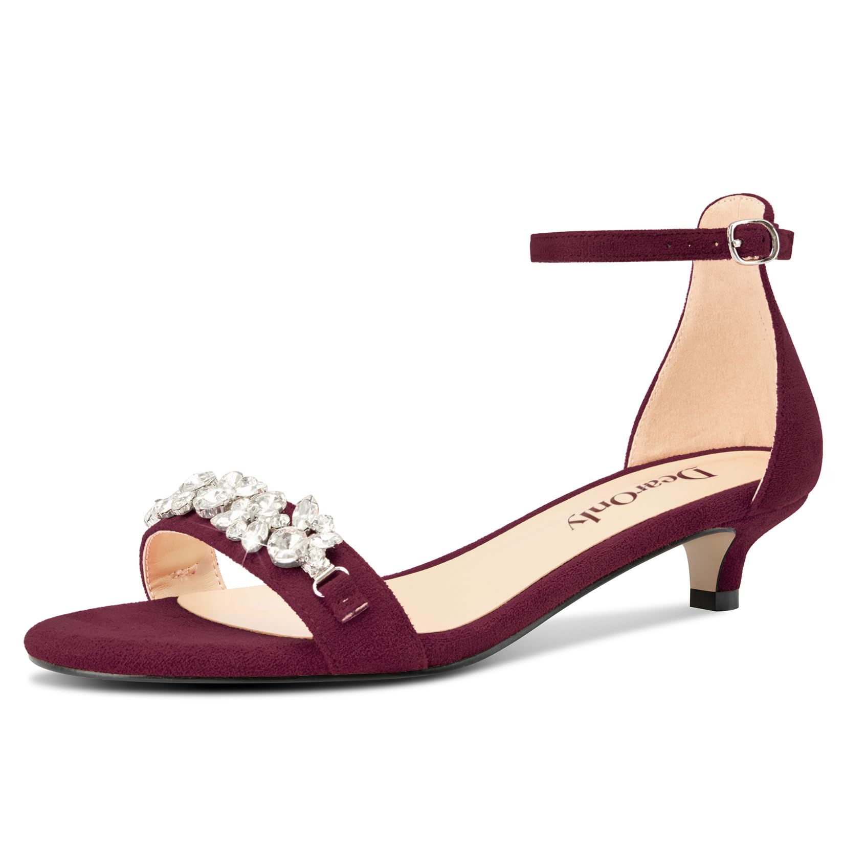 DearOnly Womens Low Kitten Heel Peep Open Toe Ankle Strap Sandals Rhinestone Crystal Buckle Office Summer Dress 1.4 Inches Heels