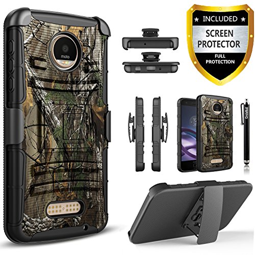 Moto Z Play Case, Dual Layers [Combo Holster] Phone Cover and Built-in Kickstand Bundled with [HD Screen Protector] Hybird Shockproof and Circlemalls Stylus Pen for Motorola Moto Z Play (Camo)