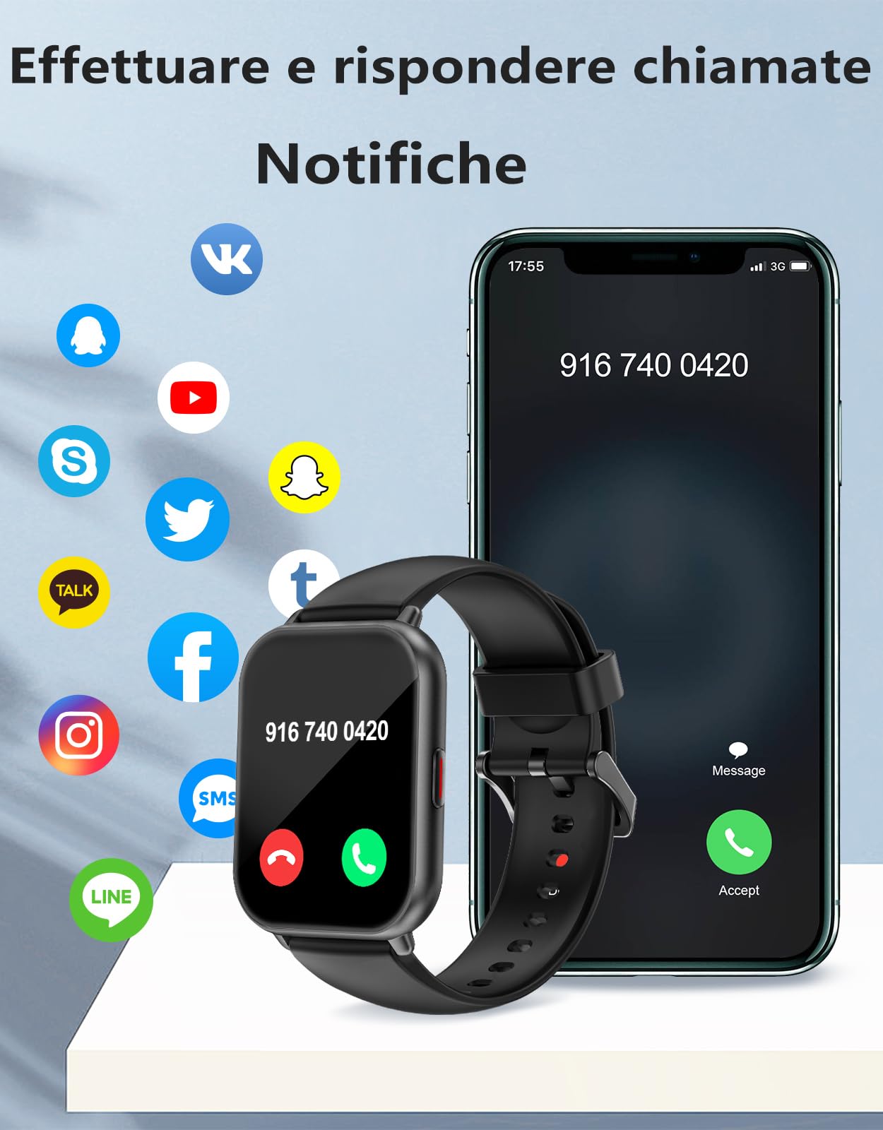 RUIMEN Smartwatch Uomo Donna Chiamate Bluetooth Orologio Contapassi Android iOS Compatibile Fitness Watch Sportive Cardiofrequenzimetro da polso Saturimetro Impermeabile IP68 Notifiche Whatsapp Nero