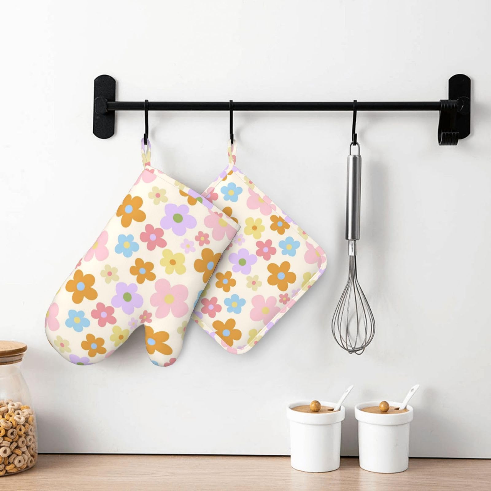 Lot de 4 maniques et maniques Hippie Fleurs | Moufles de cuisine en silicone abstraites et groovy - Motif floral - Pour cuisine, chef, barbecue, barbecue