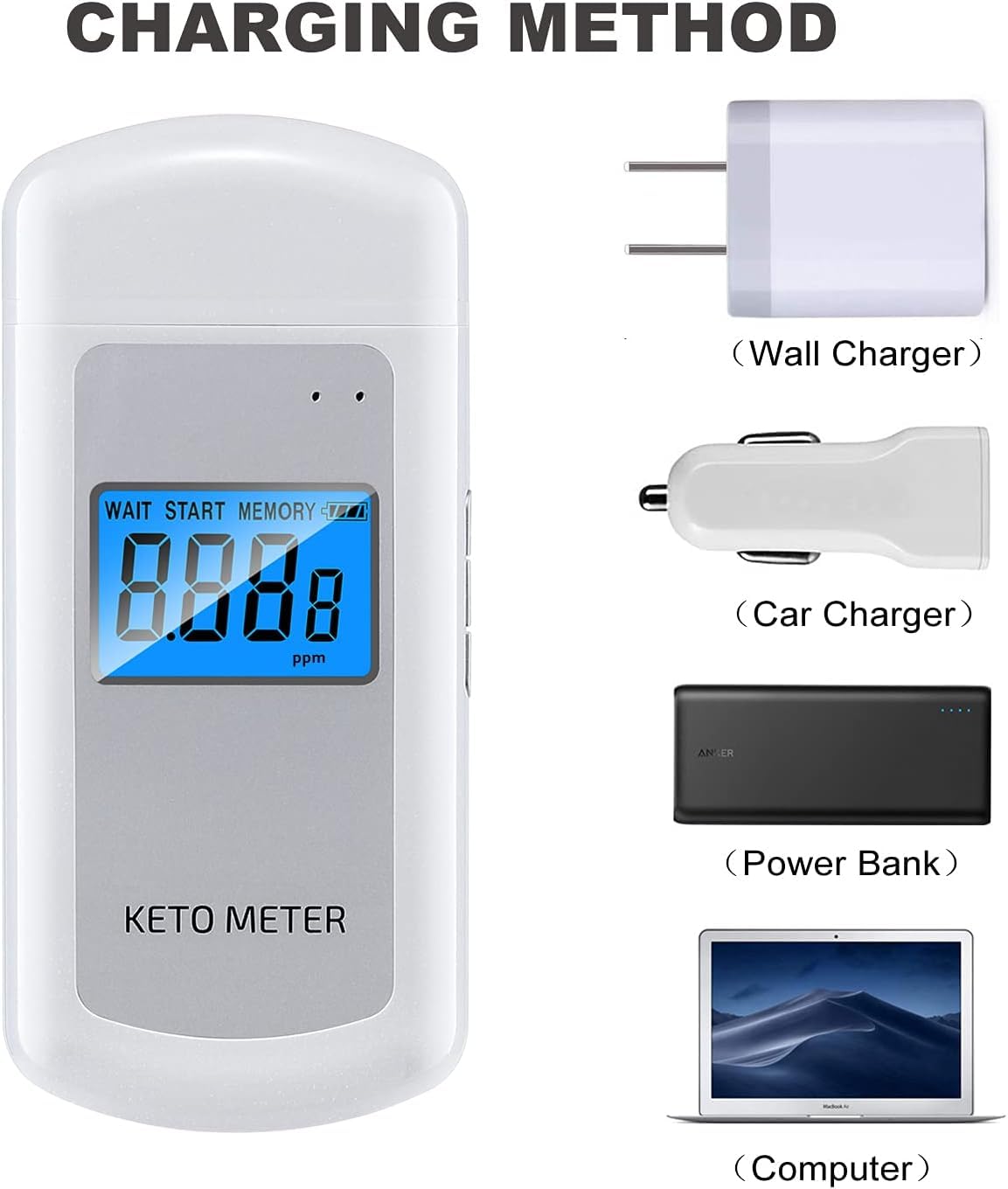 Ketone-Atemmessgerät Professionelles Ketone-Atemmessgerät Tragbares Ketose-Atemmessgerät USB-aufladbares Ketone-Atemmessgerät mit 10 austauschbaren Mundstücken für Ketosetests