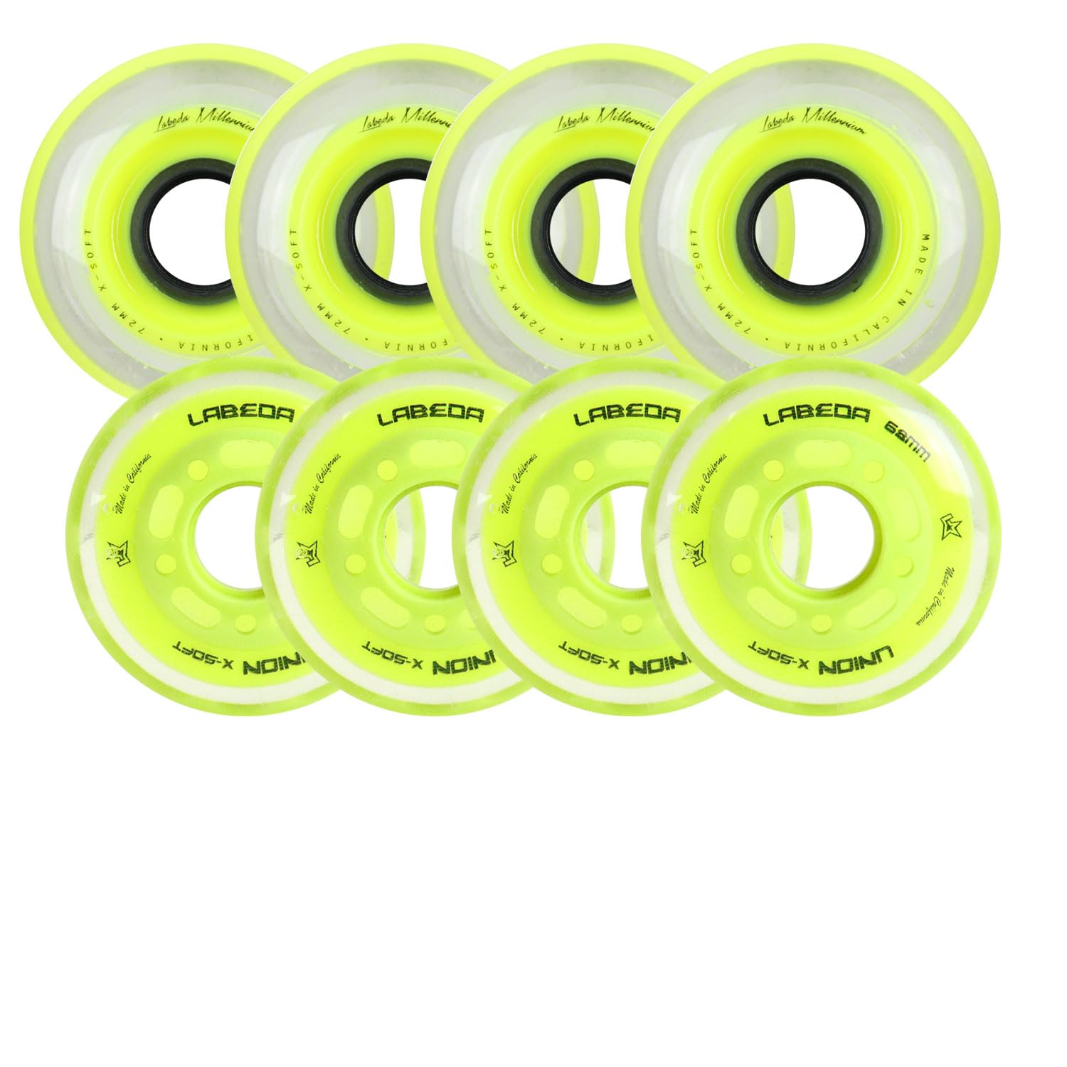 Labeda Roller Hockey Wheel Premium X-Soft 74A Youth Hilo Combo 68mm 72mm Union + Millennium Yellow
