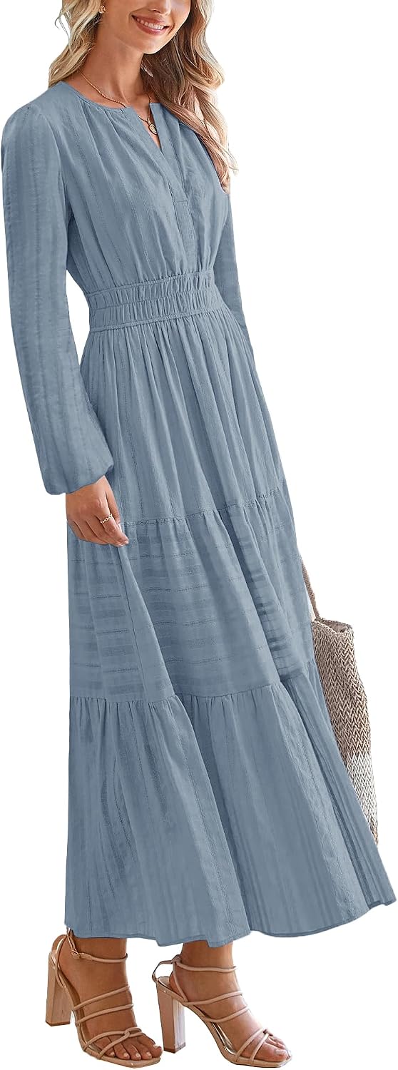 CzzzyL Nursing Fall Dresses for Women Puff Long Sleeve V Neck Tiered Wedding Guest Maxi Dress with Pockets