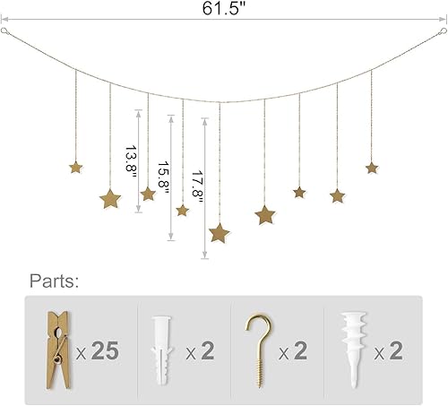 Miniatura 6 de Mkono Guirnalda de fotos colgantes de estrellas y fase lunar para colgar en la pared, adornos artísticos para dormitorio, cabecero, sala de estar,