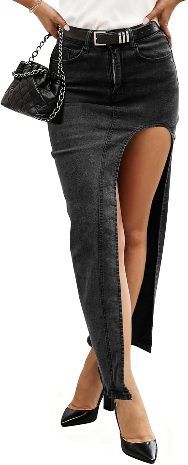 Wenrine Women's Sexy High Waist Denim Skirt Split Zip Up Jean Skirt Casual Maxi Skirt with Pockets - Image 2