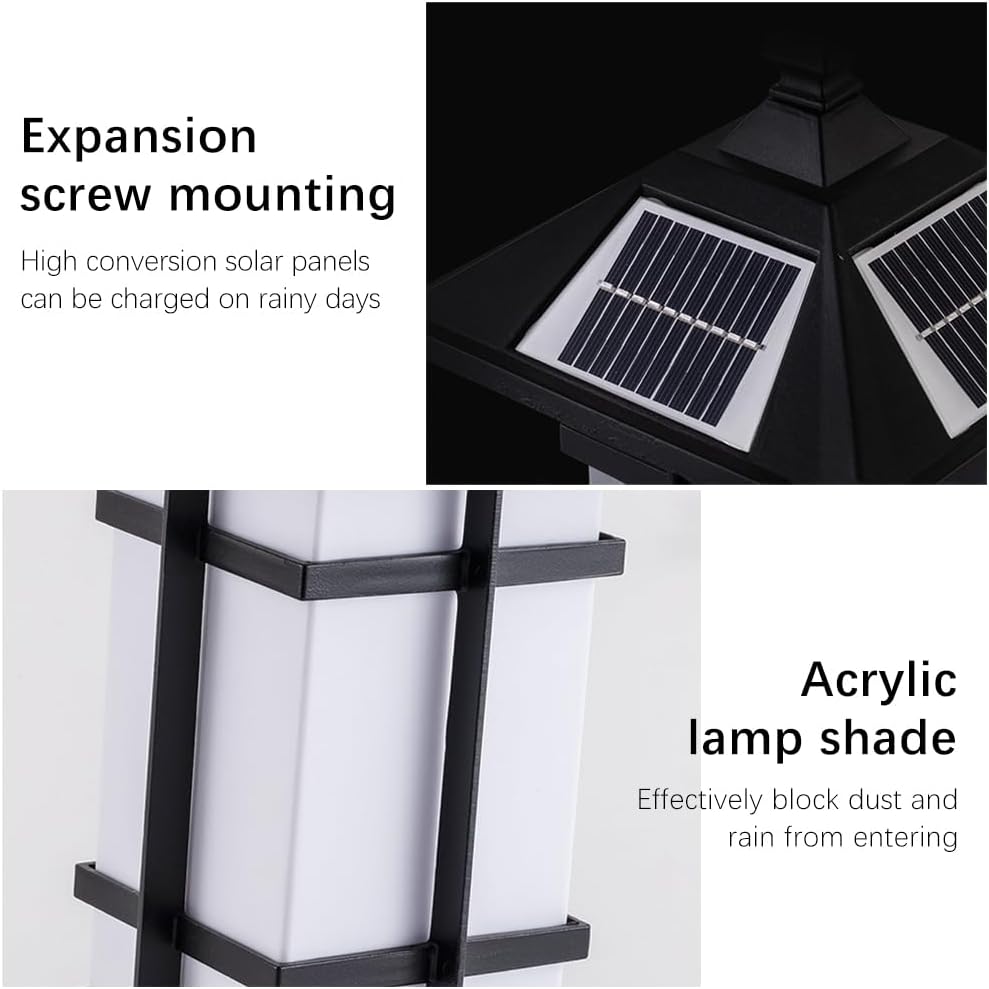 Solar Lantern Post Light Outdoor Column Lamp IP65 Waterproof Pillar Pole Lighting Fixture, Exterior Solar Powered Lamps for Garden, Yard, Landscape, Pathway