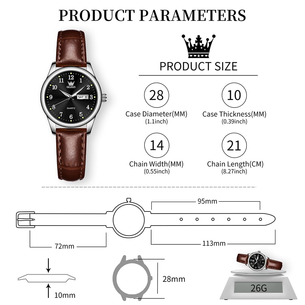 OLEVS Damen-Armbanduhr, Quarz, Lederband, Tag und Datum