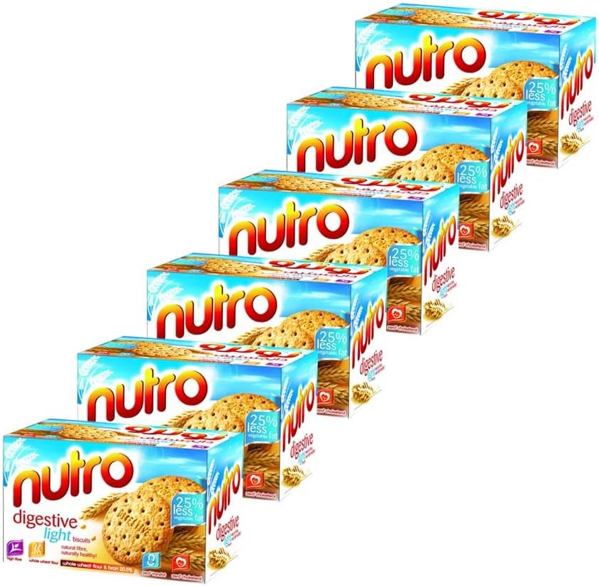 Britannia Nutro Digestive Light Biscuits 7.93oz (225g) - Whole Wheat Flavor Cookies - Breakfast & Tea Time Healthy Snacks (Pack of 6)