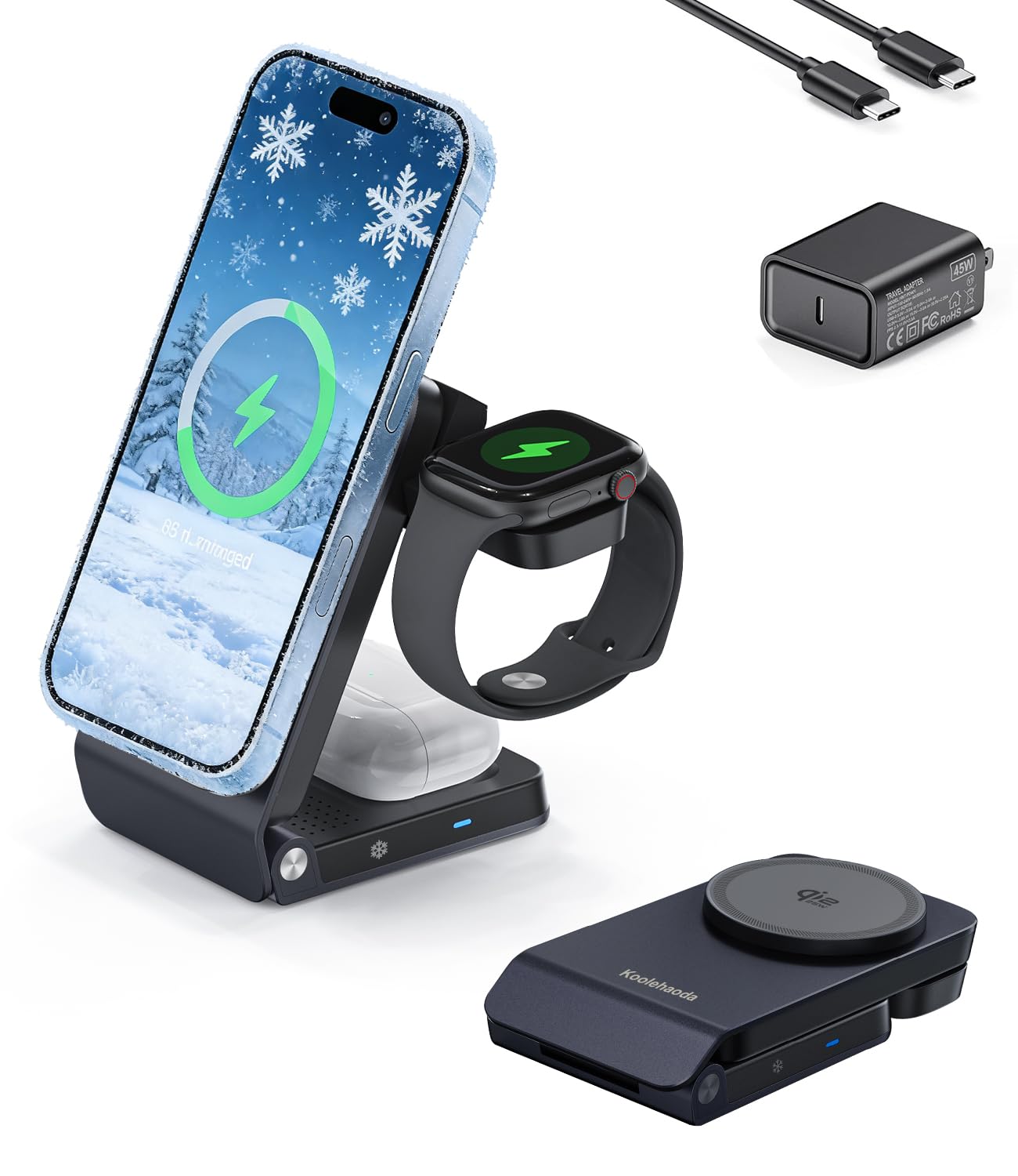 Qi2.2 25W Magnetisches Schnellladen Kabelloses Ladegerät für Mag Safe | 3-in-1 Faltbares induktives Ladegerät mit TEC Aktivkühlung kompatibel mit iPhone 17-12, Apple Watch und Air-Pods
