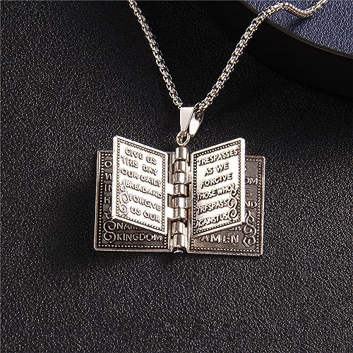 Holy Bible Book Pendant Necklace for Men Women Stainless Steel Hypoallergenic Retro Scripture Miniature Readable Bible Openable Prayer Verse Adjustable Chain Necklace for Religious Christian Jewelry Gifts4
