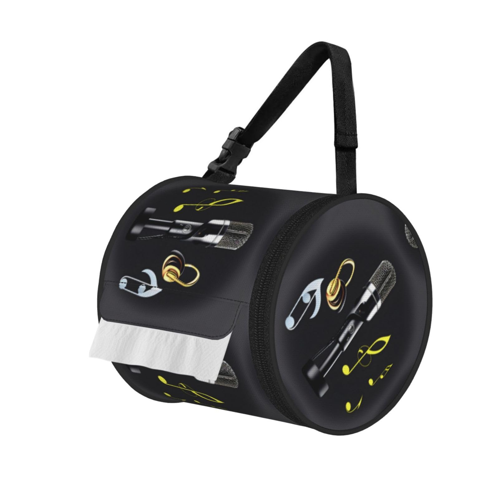 Jiuty Black Microphone With Music Notes Print Cylinder Tissue Organizer Bag With Strap, Portable Toilet Roll Holder For Camping Car