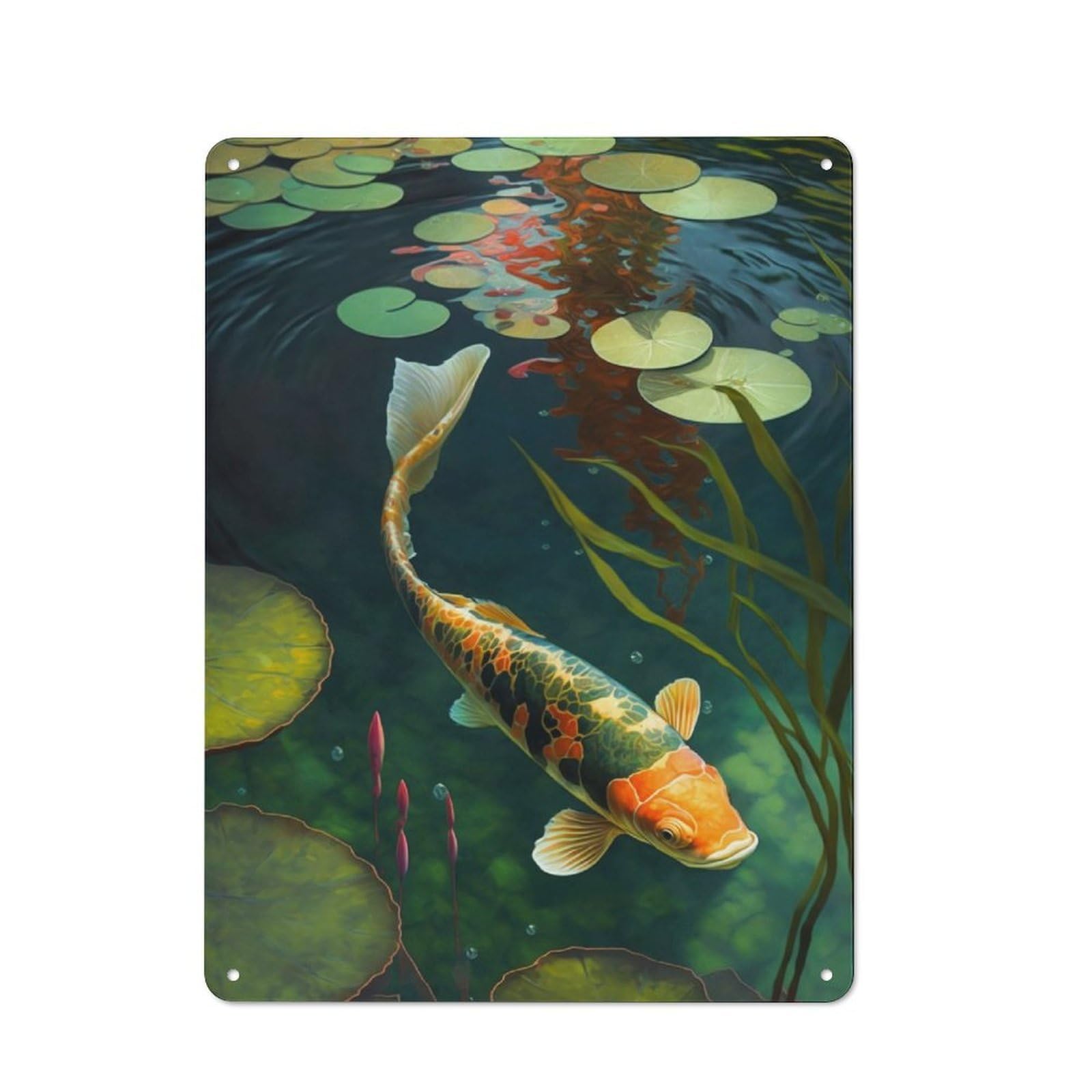 Junmoney Koi Fish Swimming In Pond Tin Sign 40X30cm For Café Or Home Bar, Rustic Wall Decor, For Café-Style Decor Fans