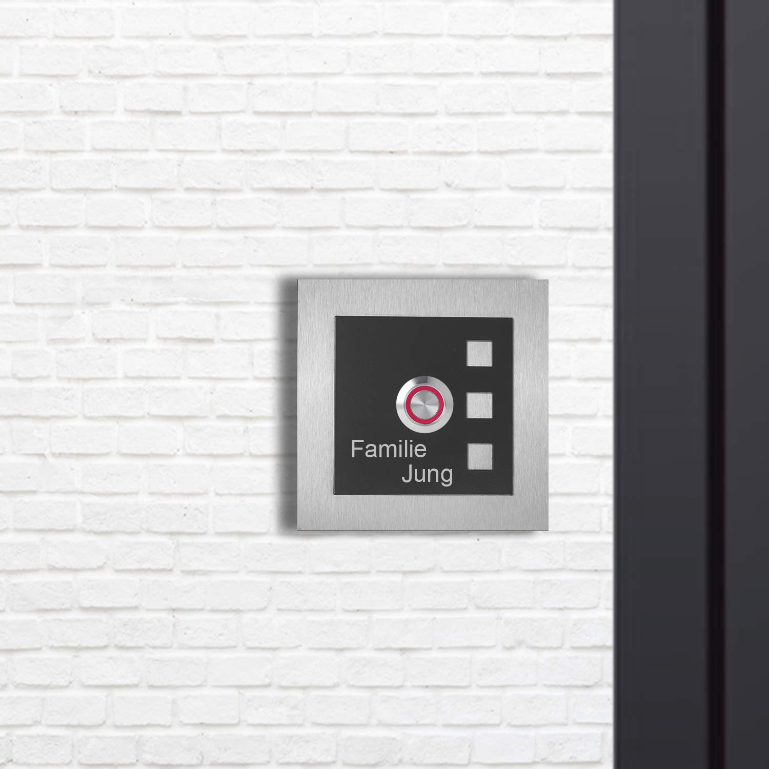 Jung-Edelstahl-Design Aufputz Edelstahl Türklingel Manhattan12AG Klingelschild 10x10 cm. Klingel kabelgebunden mit Gravur. Aufputztürklingel mit LED Klingeltaster aus Edelstahl für Ihre Haustür.