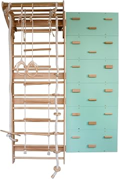 Woodandhearts Adjustable Swedish Ladder Wall Gym - 6in1 Gym Set with 6 Climbing Wall Panels, Gymnastics Rings, Climbing Rope, Swing & Rope Ladder for Ages 3-16 7590 Inch, Cool Mint + Natural Wood
