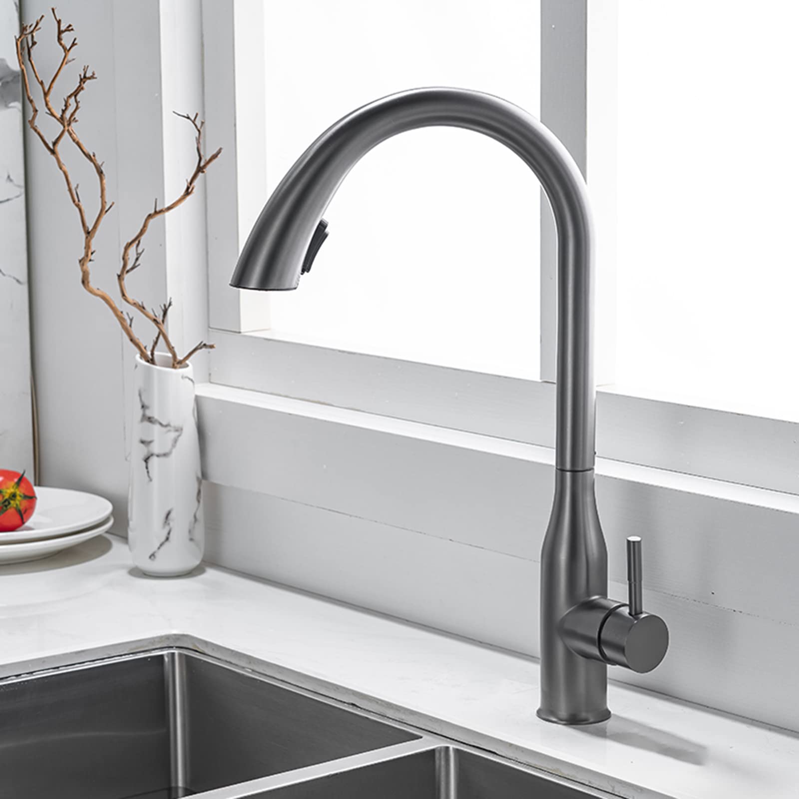 Robinet de cuisine avec douchette mitigeur rotatif 360 eau chaude et froide gris