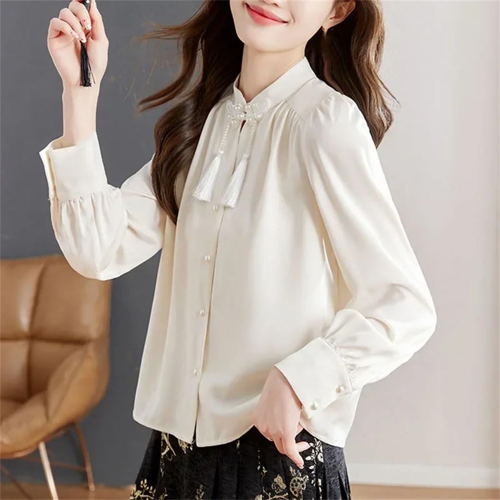 Camicia da donna con nappa, a maniche lunghe, colletto alla coreana, in chiffon, con bottoni, casual, da ufficio