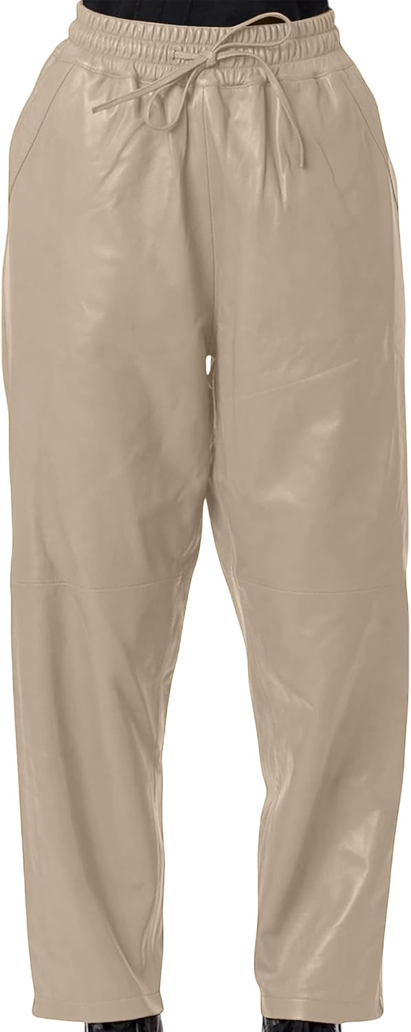 Jild Real Lambskin Leather Pants for Women Comfortable Drawstring Versatile Design Elastic Waistband with Relaxed Fit - Image 2