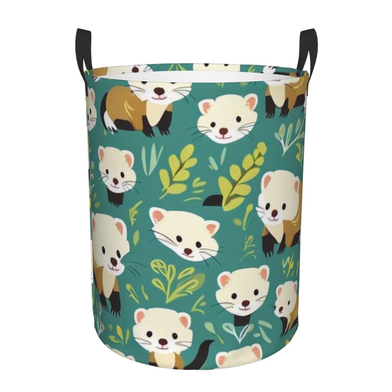 Friendly Ferret Print Round Laundry Hamper, Cute Storage Basket with Handles for Home Decor, Bedroom Decorate