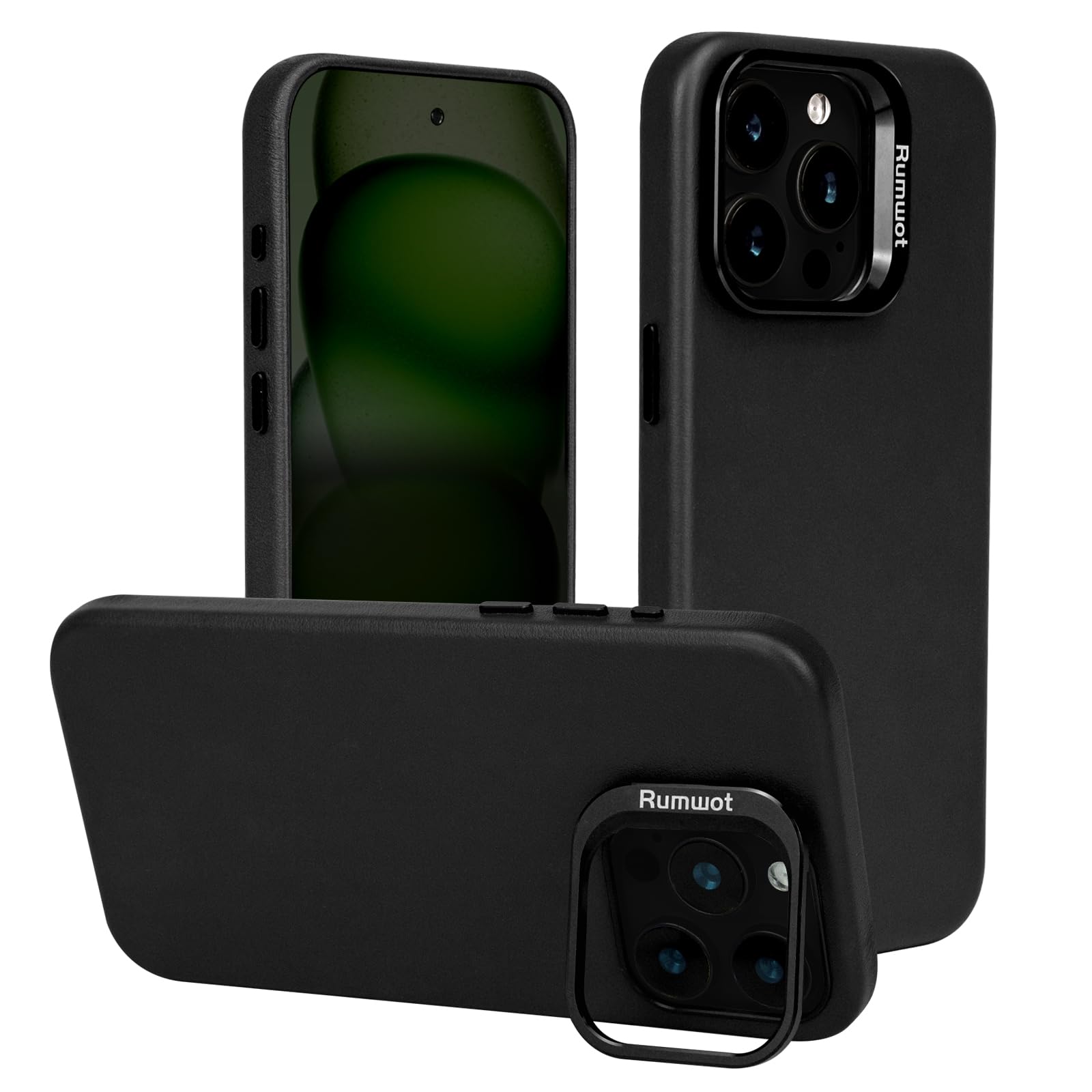 Rumwot Black Genuine Leather Case for iPhone 15 Pro Max with Hidden Stand, Multifunctional Slim Fit Unique Designer Phone Protective Cover Compatible