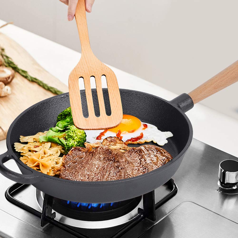 FLEXMAN Skillet Z Żeliwa, Wielofunkcyjna Patelnia do Smażenia Z Żeliwa Z Drewnianym Uchwytem, Patelnia do Gotowania Steków do Pieczenia, Grilla, Pieczenia, Duszenia, Smażenia
