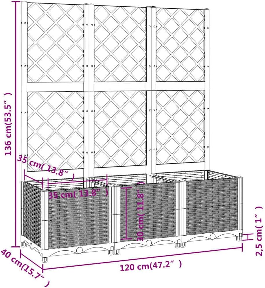 47.2 x 15.7 x 53.5 in Brown Polypropylene Raised Garden Bed with Built-in Trellis, Large Outdoor Planter Box for Balcony Patio, UV-Resistant Planter for Flowers & Climbing Plants