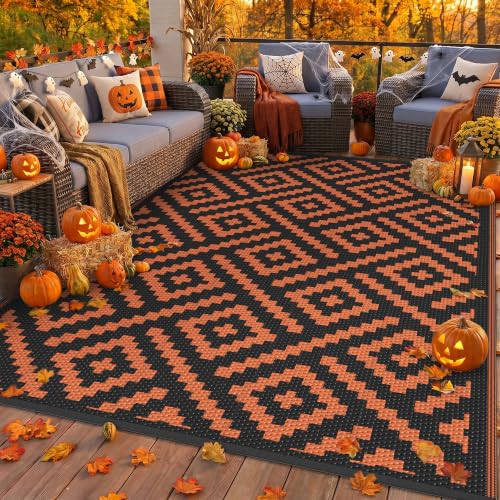 Image of GENIMO Fall Decor Outdoor Rug, Plastic Rugs for Patio, 6'x9' Black Orange