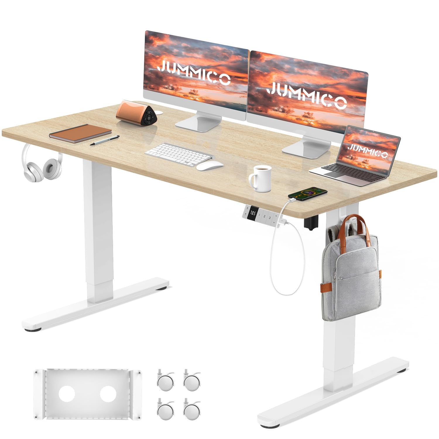 JUMMICO Elektrisch Höhenverstellbarer Schreibtisch 140x80 cm mit Ladestation, Höhenverstellbarer Computertisch mit Kabelmanagement, Ergonomischer Sitz-Steh-Schreibtisch Höhenverstellbarer Tisch, Beige