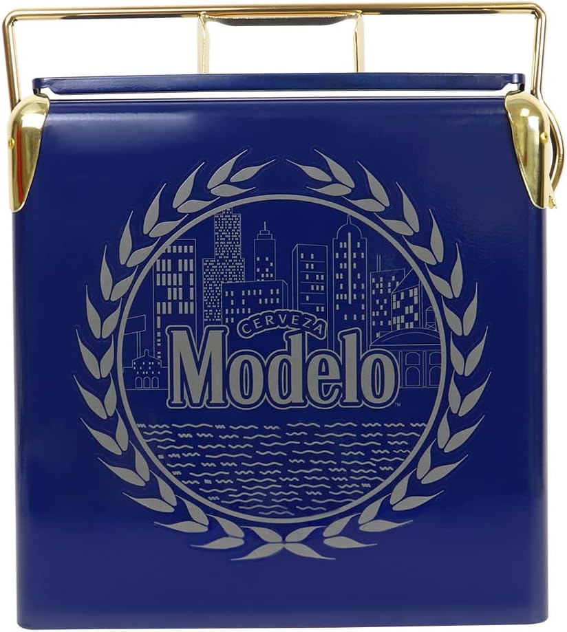 Modelo Retro Ice Chest Cooler with Bottle Opener 13L (14 qt), 18 Can Capacity, Blue and Gold, Vintage Style Ice Bucket for Camping, Beach, Picnic, RV, BBQs, Tailgating, Fishing