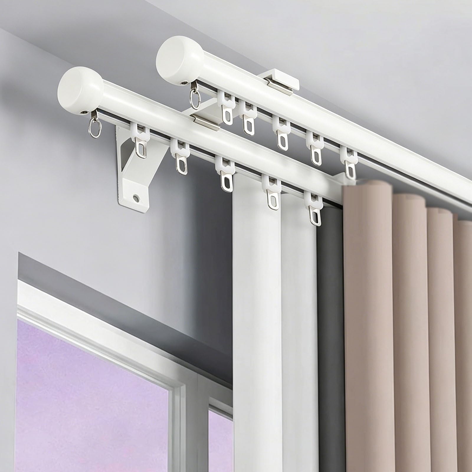 Double Curtain Track Rod, Wall Mount Heavy-Duty Aluminum Double Track Curtain Rail with Silent Rollers Aluminum Brackets for Bedroom Living Room Kitchen Office(White,1.3m/4.3ft)