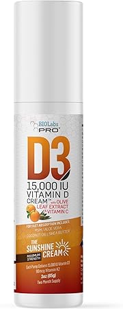 BIOLABS PRO All Natural Vitamin D3 15000IU Vitamin D Cream - Maximum Strength - Fight Vitamin D Deficiency Naturally - with Vitamin K2 & Olive Leaf Extract - Safe & Effective (15, 000IU - 3.0oz)