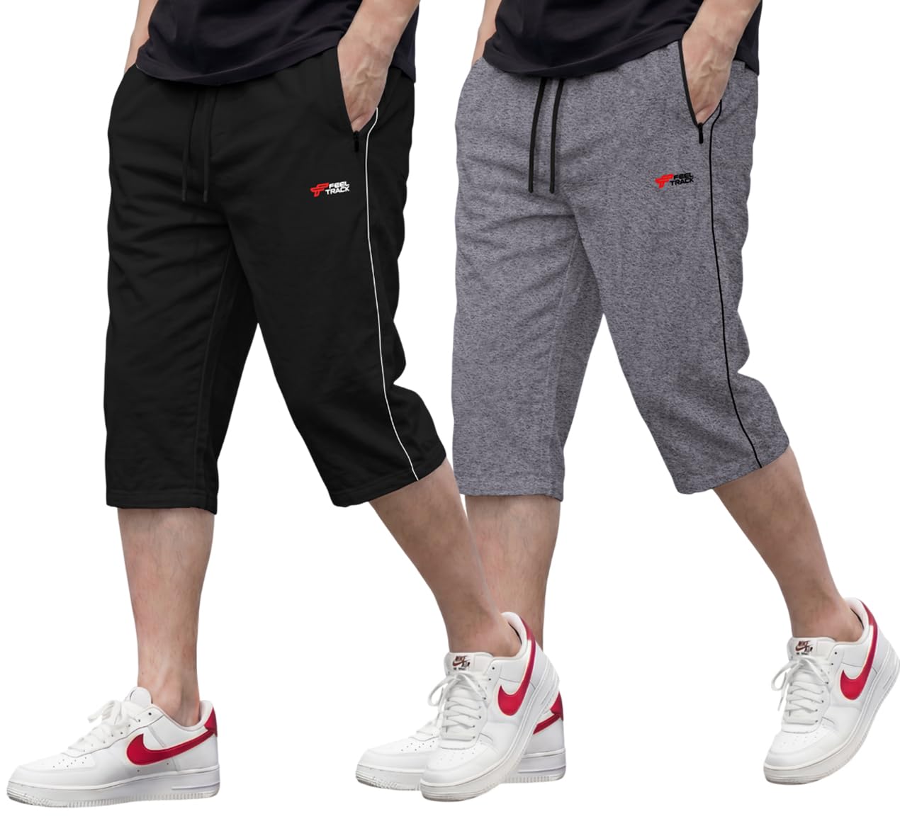 feel track Men Cotton Casual Three Fourth Shorts Black::Grey Pack of 2-picture-39