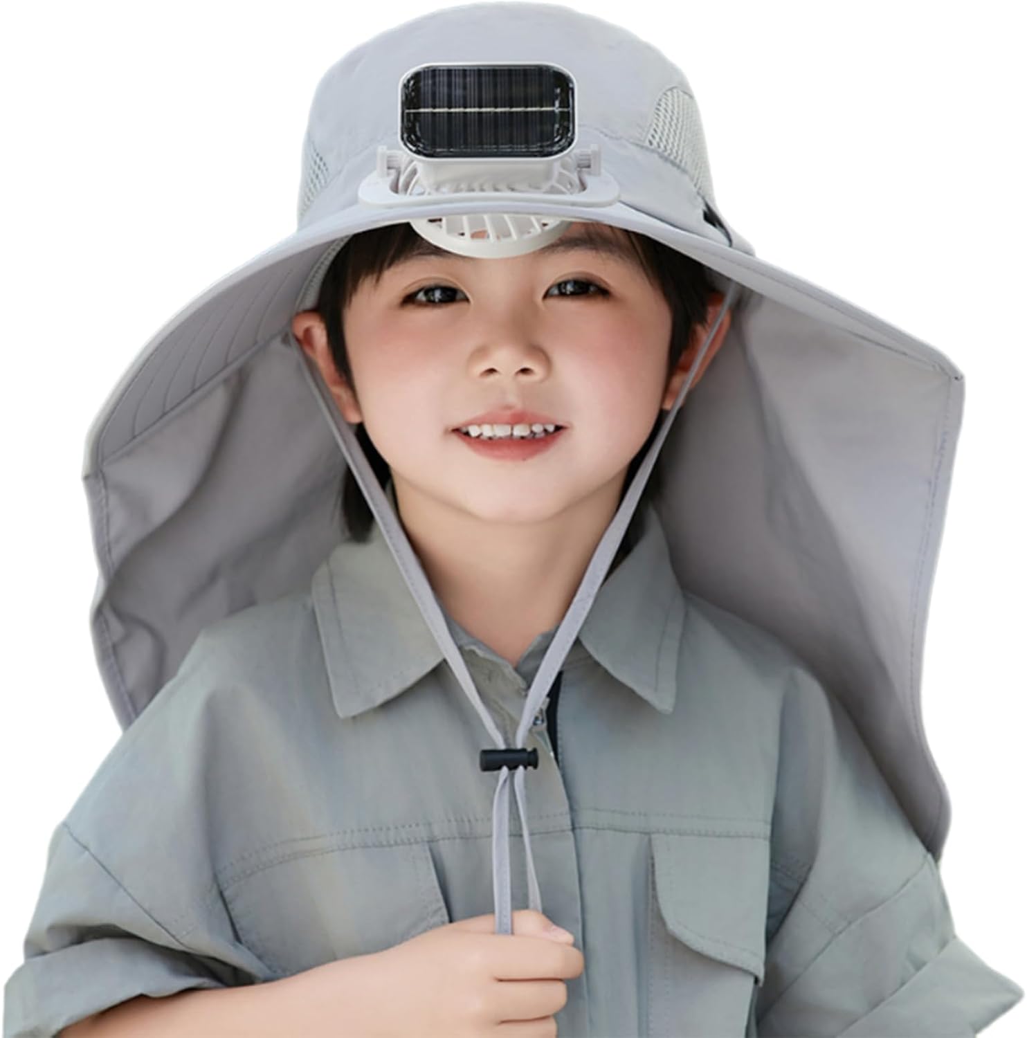 Solar Fan Hat with Neck Flap Sun Protective Wide Brimmed Bucket with Rechargeable Cooling Fan for Outdoor Beach Outdoor Light Grey