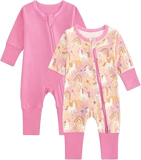 Baby Schlafanzug 2er-Pack Neugeborene Baumwolle Langarm Zip Strampler mit Füßen Bekleidung für Baby Junge Mädchen