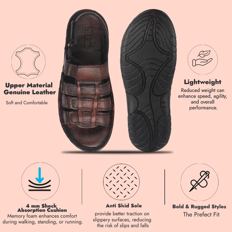 Image of FAUSTO Men Genuine Leather Multi Strap Open Toe Broad Feet Roman Sandals with Adjustable Back Strap | Slip Resistant Lightweight Sole